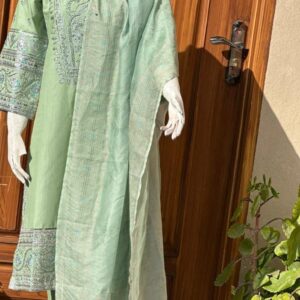 pistachio‑green three‑piece embroidered kurta set