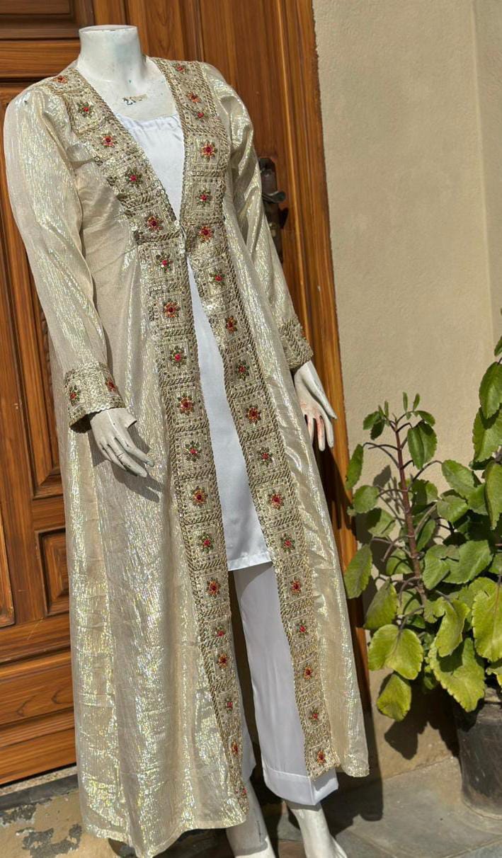 off white and golden embroidery gown